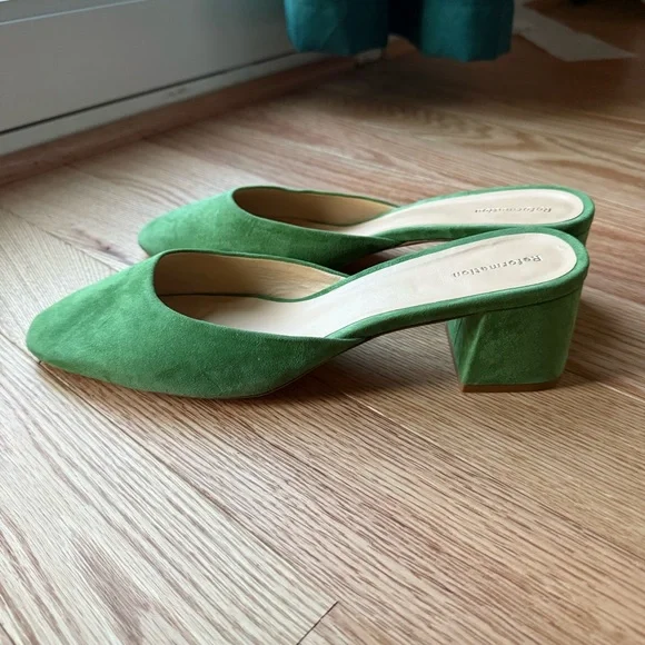 Reformation Green Suede Mules Chunky Heel 2.5 Inch Size 11 - Picture 6 of 8